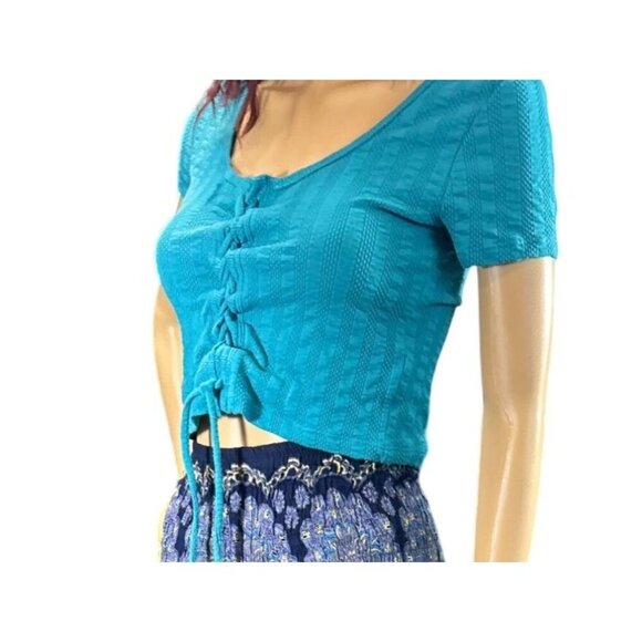 (6 for $25) SO Aqua Blue Short Sleeve Lace Up‎ Front Textured Tee - Size Small - Picture 2 of 6